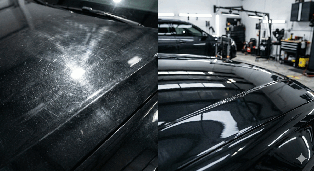 研磨ビフォーアフター - 傷だらけの塗装面が鏡面仕上げに