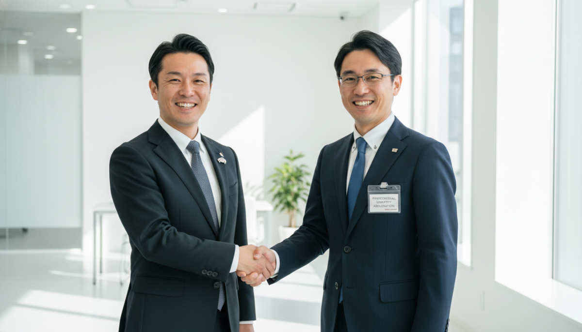 認定店経営者と顧客の握手シーン