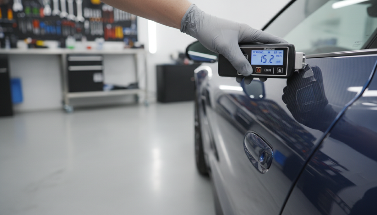 測色計を使ってコーティング塗膜を精密計測しているシーン